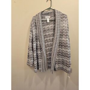 Alfred Dunner Cardigan Women Large Multi Grey Metallic Pointelle Open Front NWT